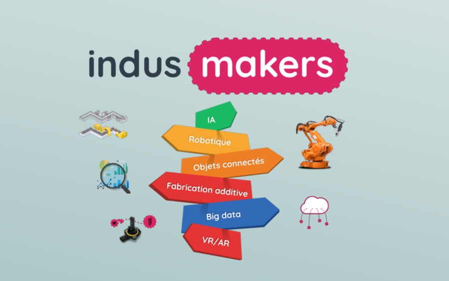 Illustration Indusmakers : panneaux IA, robotique, objets connectés, fabrication additive
