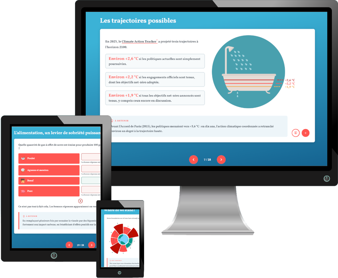 Modules e-learning Owls Productions affichés sur un écran d'ordinateur, une tablette et un téléphone